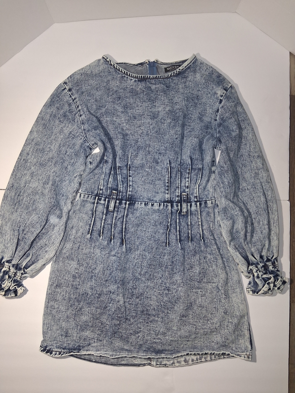 Acid-Wash Long Sleeve Denim-Effect Kids Dress - Blue